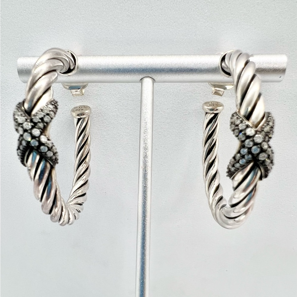 David Yurman Vintage Starlight Diamond X Cable Hoop Earrings